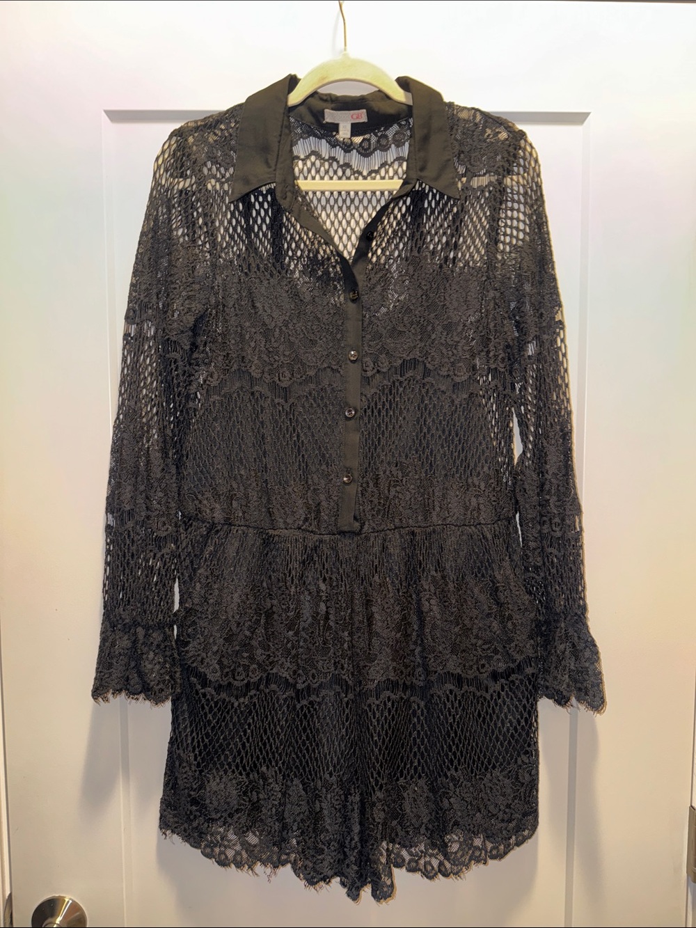 Gianni Bini Lined Lace Long-Sleeve Romper w Adjustable Straps & Pockets XL EUC!🖤